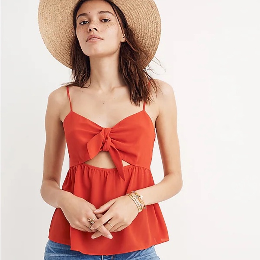 Madewell Silk Tie-Front Keyhole Cami Top Orange Red Ripe Persimmon Tank Top